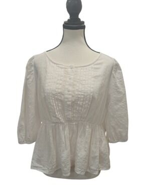 Lucca White Babydoll Blouse Textured Cotton Puff Sleeve Cottagecore Romantic L